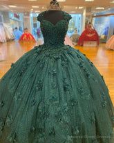 Green Princess Ball Gown Quinceanera Dresses Sweet 15 Party 3D Flowers Lace Applique Crystal Beads Sequin Birthday Gown